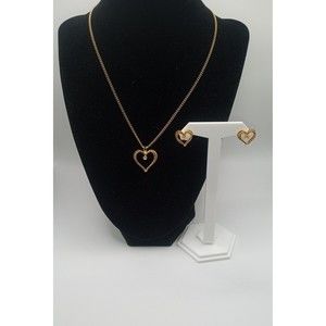 Sarah Coventry Double Heart Rhinestone Pendant Necklace and Pierced Earring Set
